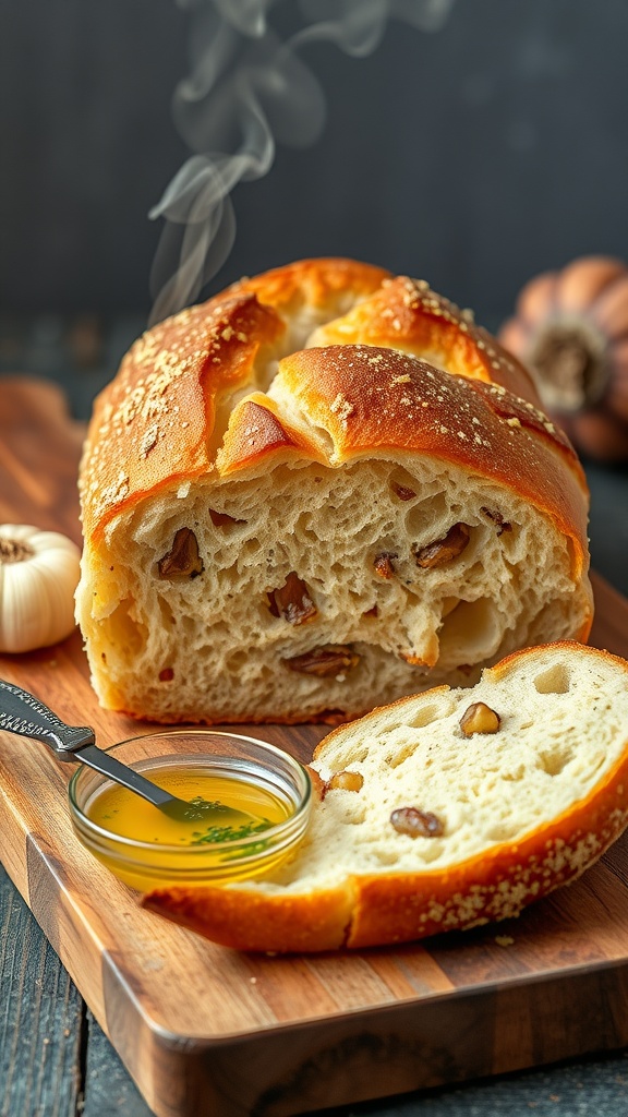 Artisanal garlic bread loaf on a cutting board with a bowl of olive oil and herbs.